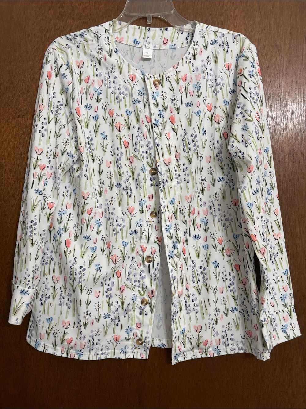 Floral Button-Front Jacket - White with Pink & Blue Tulips
